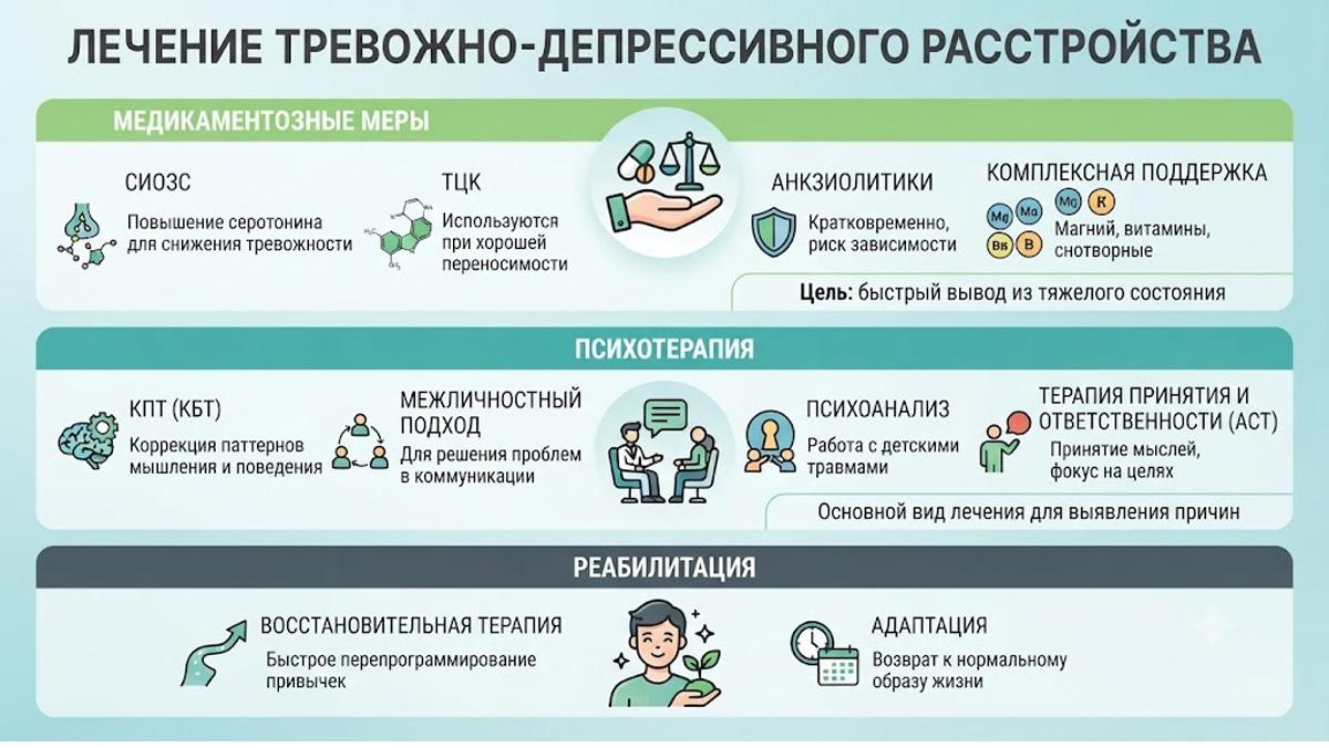 Инфографика: лечение тревожно-депрессивного расстройства, включающее медикаментозные меры, психотерапию и реабилитацию.